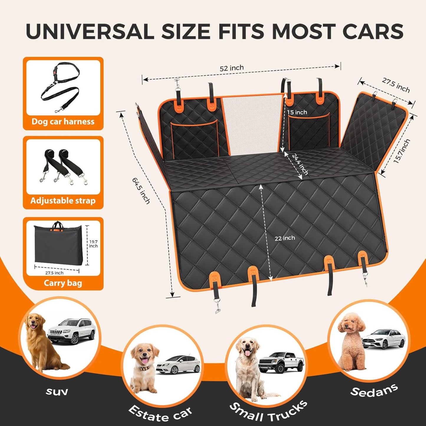 Back Seat Extender for Dogs, Hard Bottom up to 499Lbs Dog Car Seat Cover for Back Seat, Waterproof Backseat Protector with Mesh Window and Pockets, Large Space Dog Hammock for Car & SUV & Small Truck
