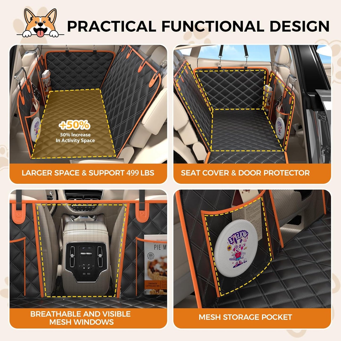 Back Seat Extender for Dogs, Hard Bottom up to 499Lbs Dog Car Seat Cover for Back Seat, Waterproof Backseat Protector with Mesh Window and Pockets, Large Space Dog Hammock for Car & SUV & Small Truck