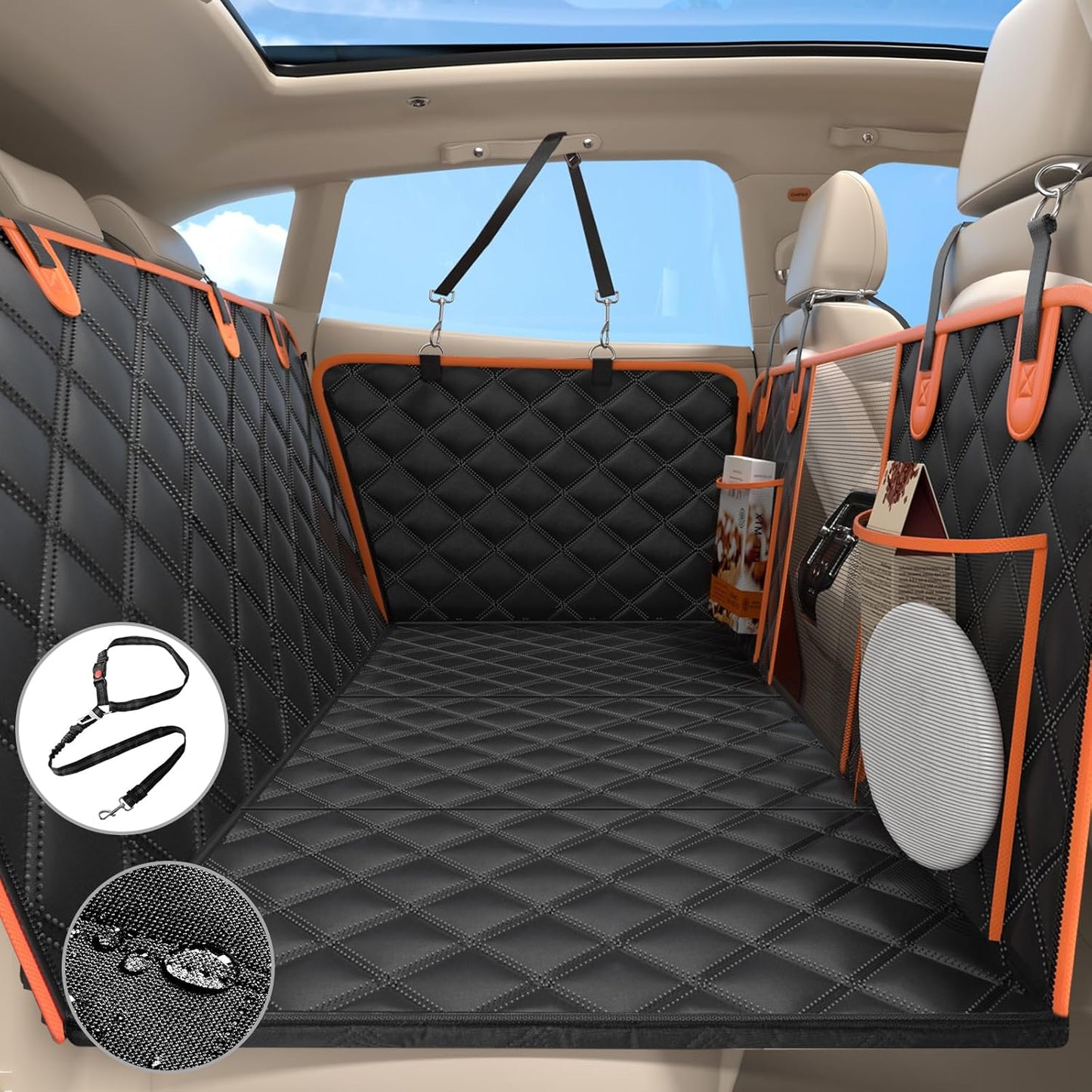 Back Seat Extender for Dogs, Hard Bottom up to 499Lbs Dog Car Seat Cover for Back Seat, Waterproof Backseat Protector with Mesh Window and Pockets, Large Space Dog Hammock for Car & SUV & Small Truck