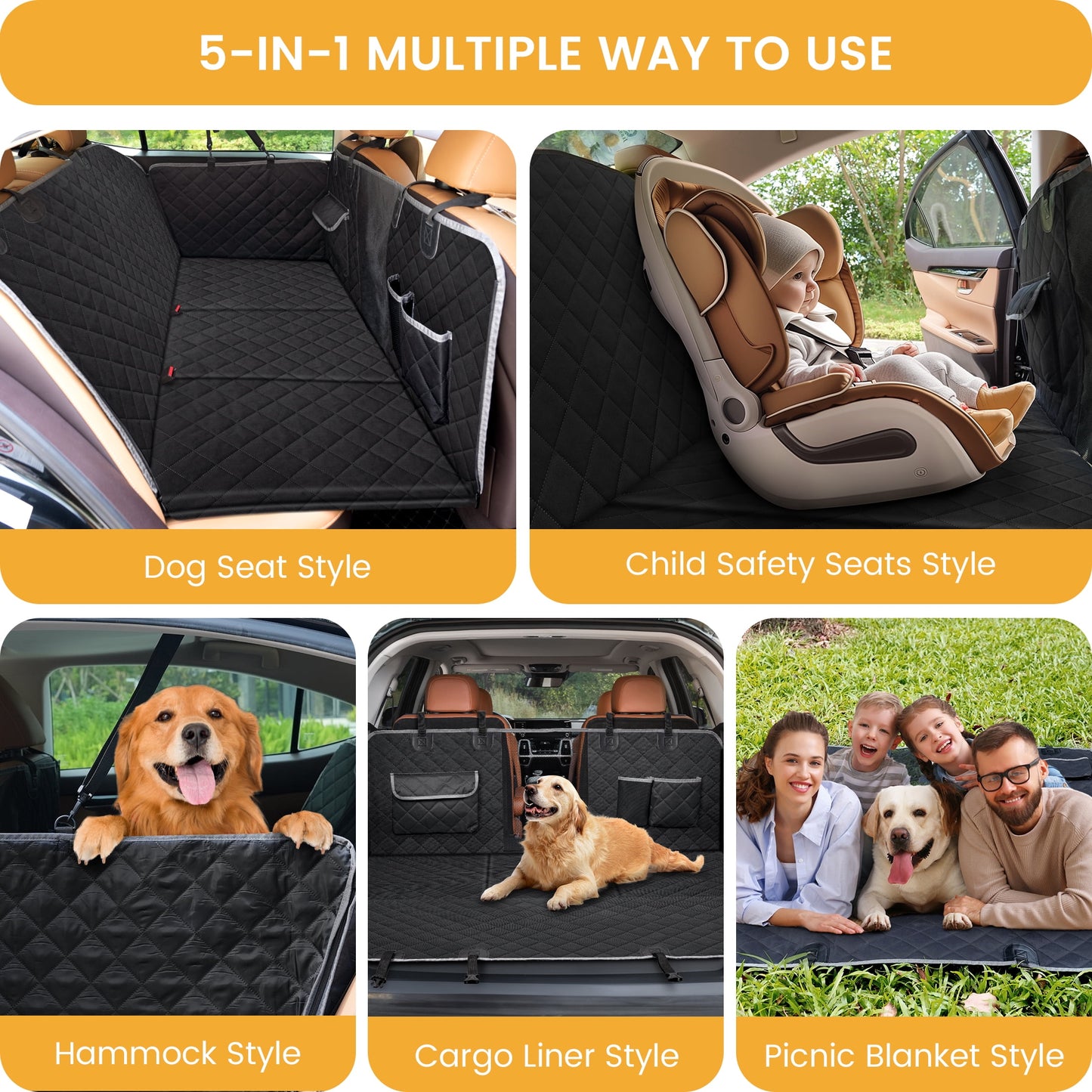 Dog Car Seat Cover with 3 Hard Panels Holds 340Lbs,Waterproof Backseat Extender for Large Dogs,600D Heavy Nonslip Puppy Pet Seat Cover for Car,Truck,Suv