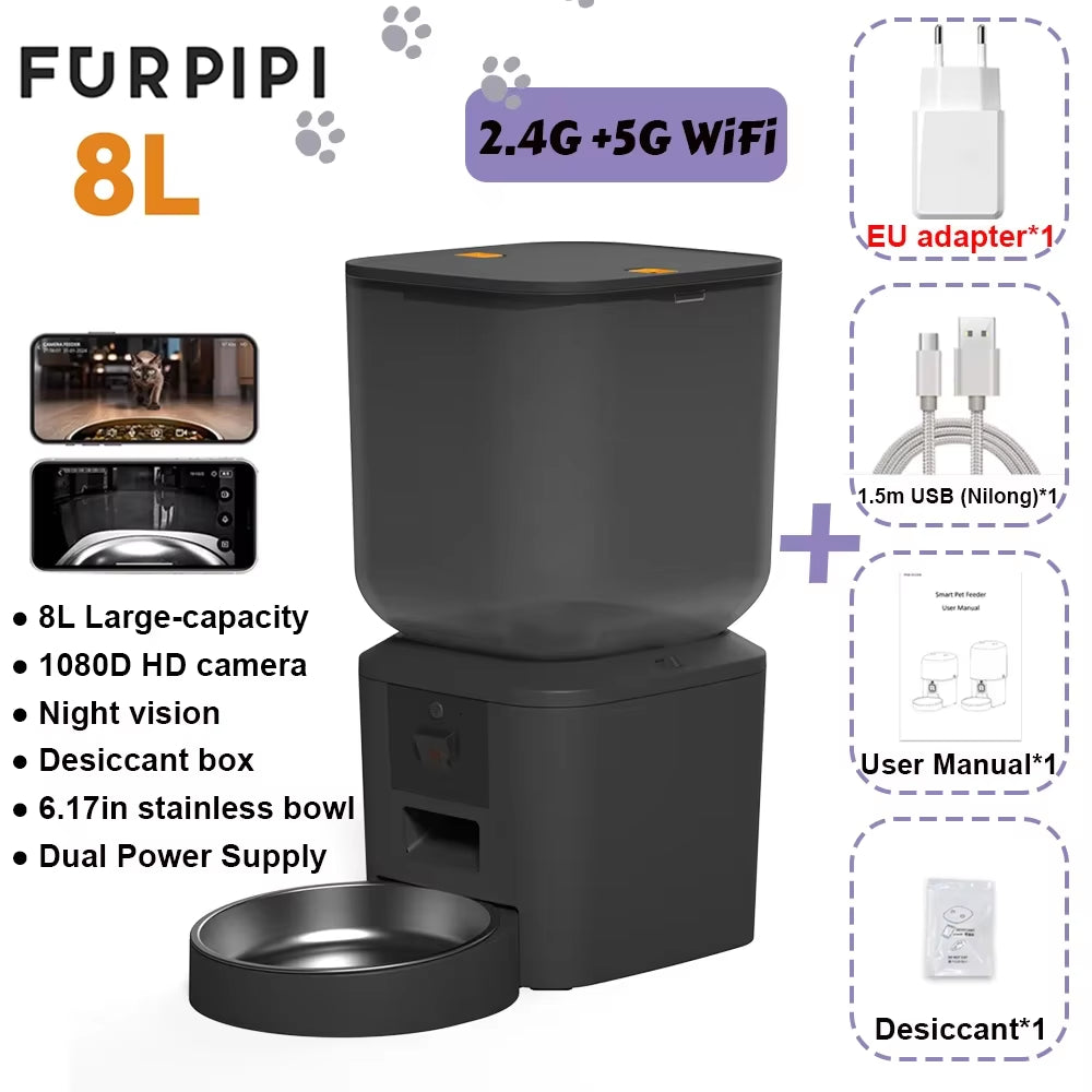 8L Smart Automatic Cat Feeders with 1080P HD Camera 5G Wifi Pet Feeder Tuya APP Control Automatic Cat Dog Food Dispenser