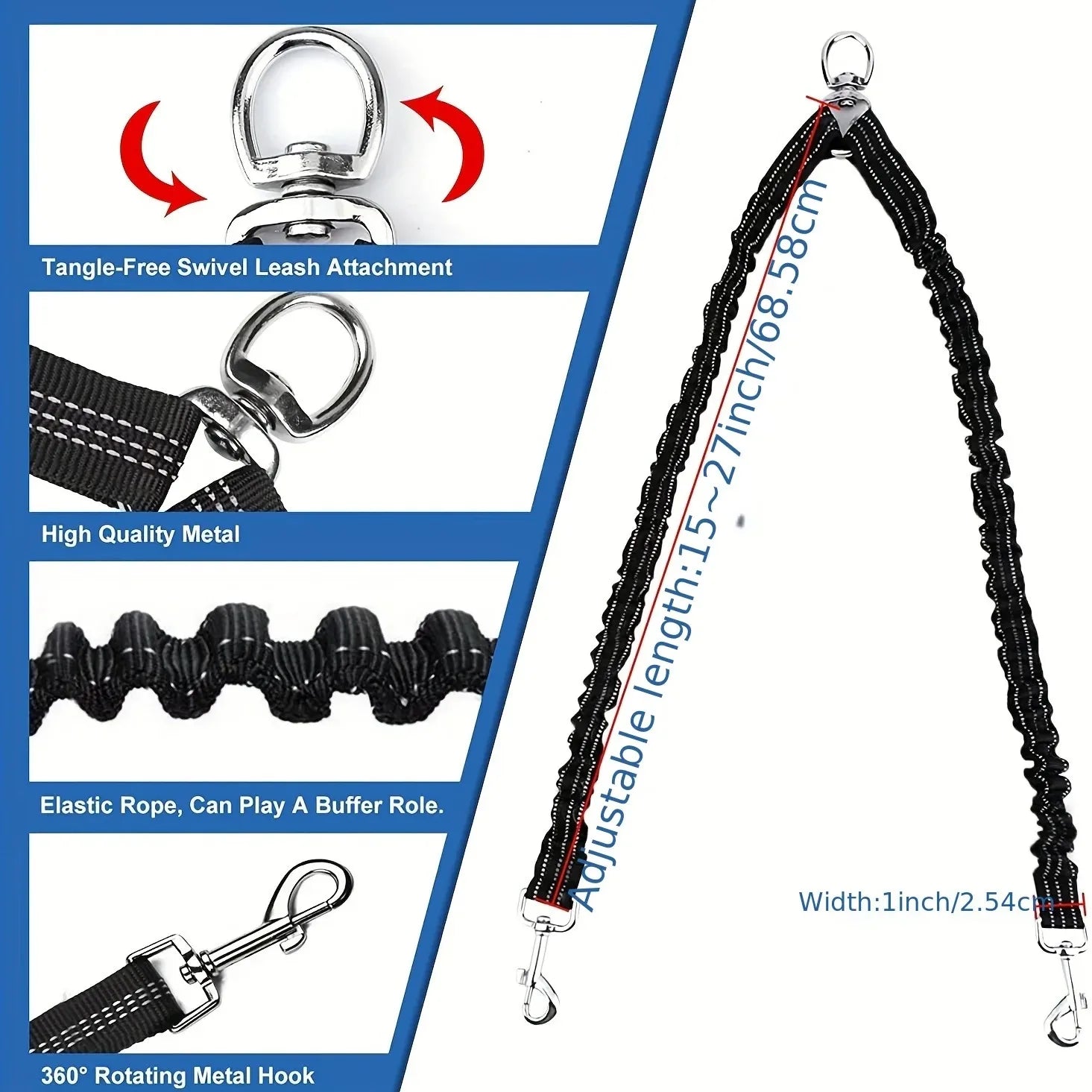 Double Dog Leash with Elastic Extension for Small to Medium Dogs