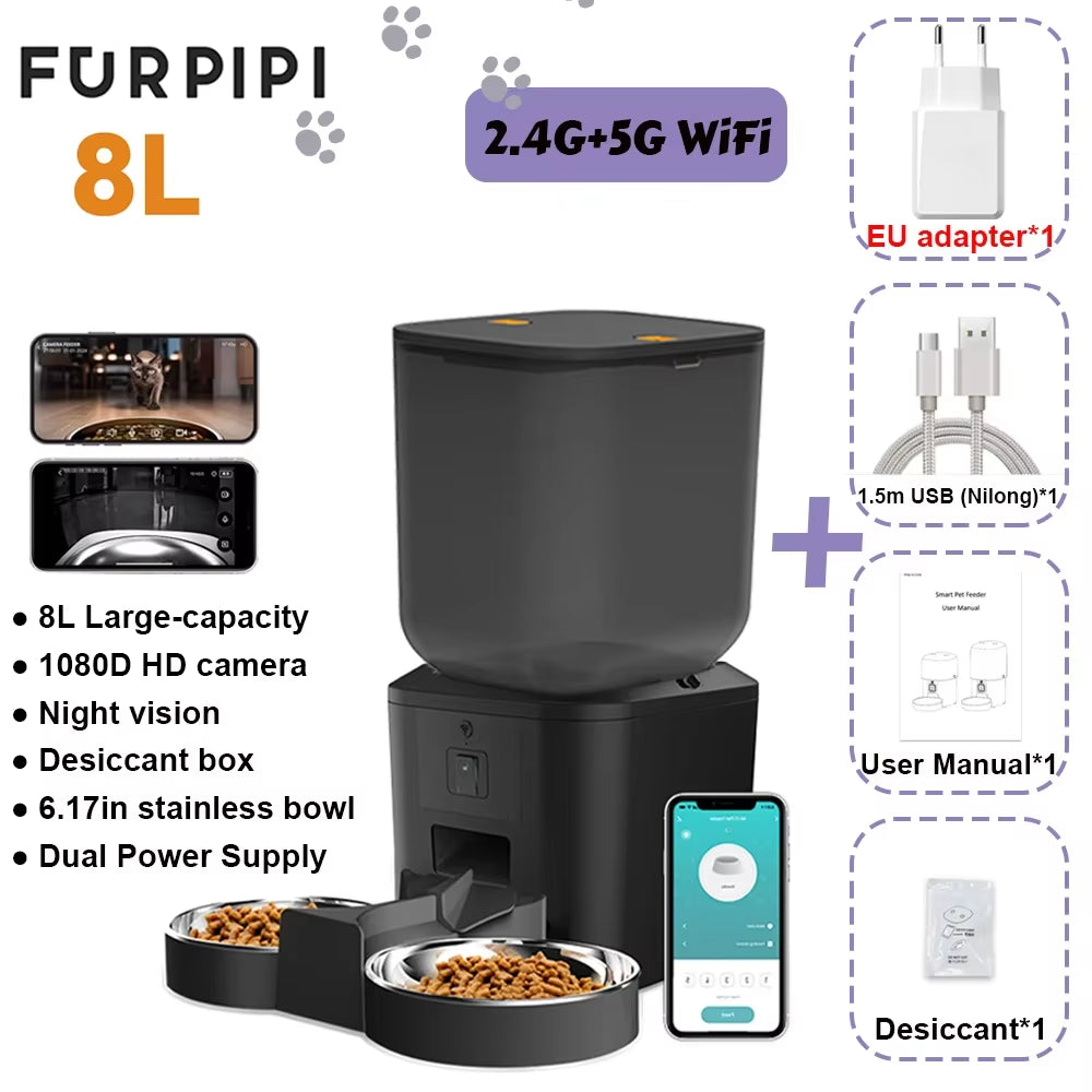 8L Smart Automatic Cat Feeders with 1080P HD Camera 5G Wifi Pet Feeder Tuya APP Control Automatic Cat Dog Food Dispenser