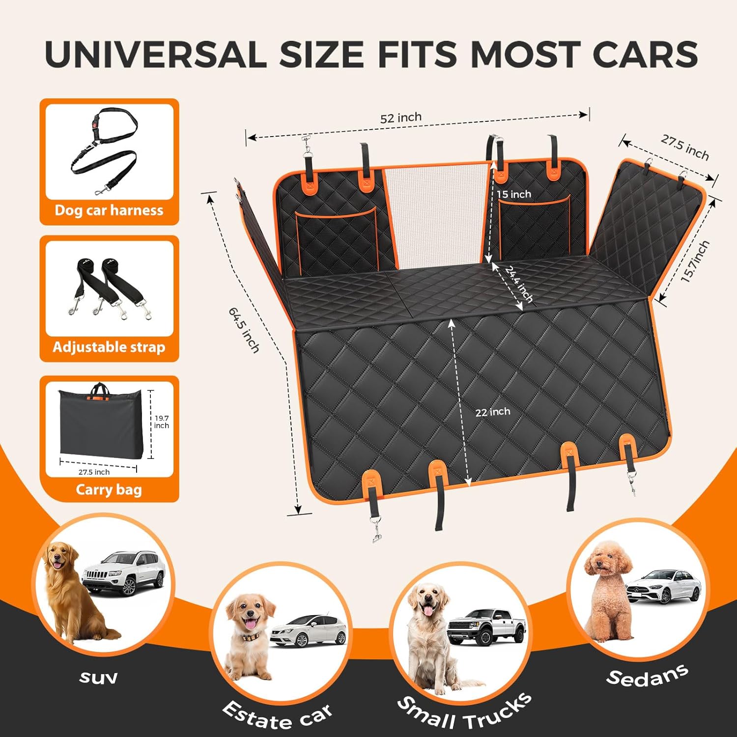 Back Seat Extender for Dogs, Hard Bottom up to 499Lbs Dog Car Seat Cover for Back Seat, Waterproof Backseat Protector with Mesh Window and Pockets, Large Space Dog Hammock for Car & SUV & Small Truck