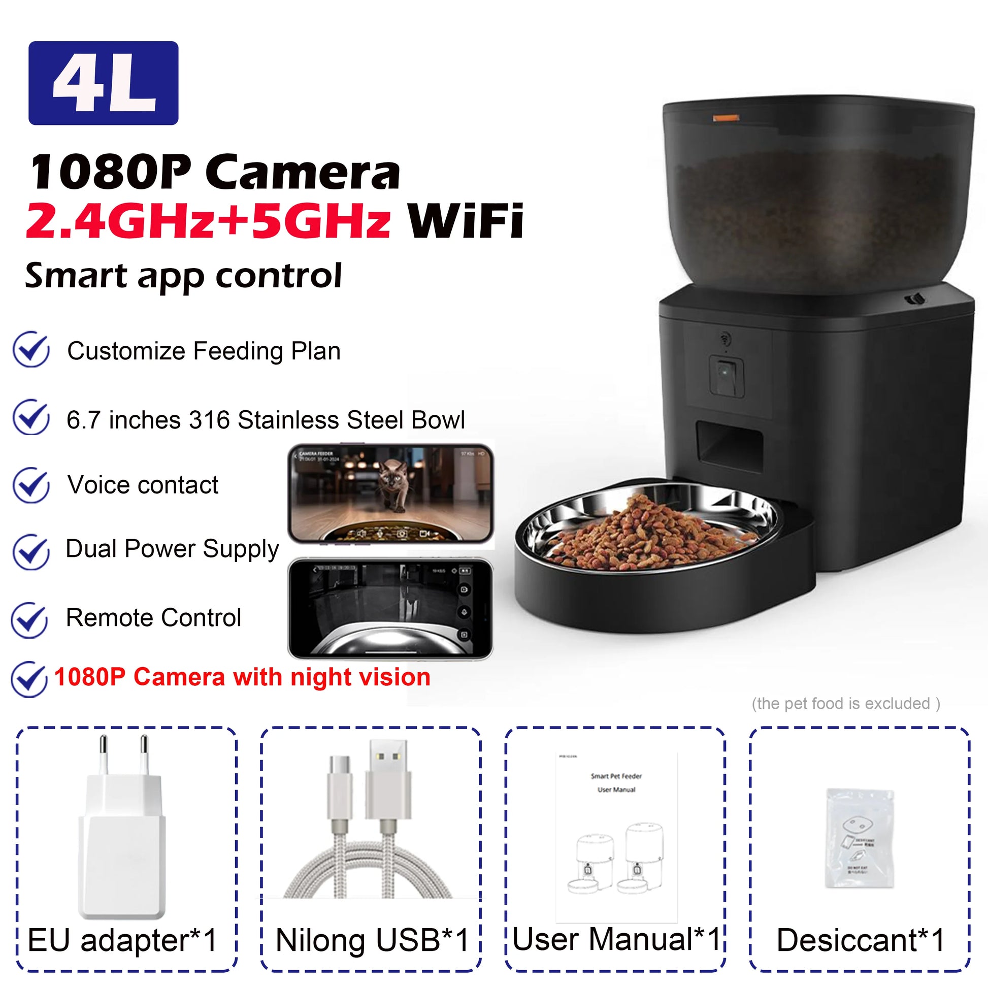 8L Smart Automatic Cat Feeders with 1080P HD Camera 5G Wifi Pet Feeder Tuya APP Control Automatic Cat Dog Food Dispenser