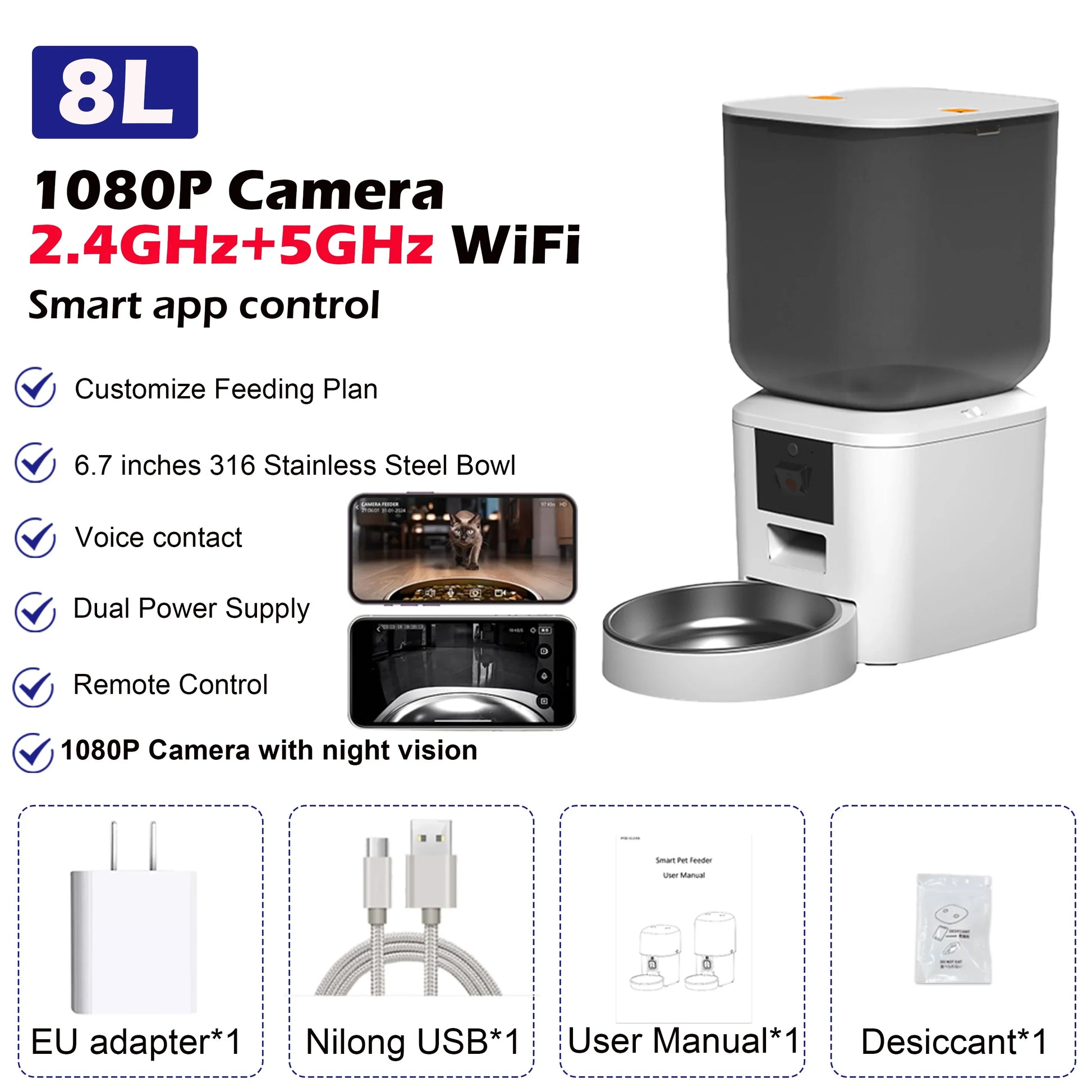 8L Smart Automatic Cat Feeders with 1080P HD Camera 5G Wifi Pet Feeder Tuya APP Control Automatic Cat Dog Food Dispenser