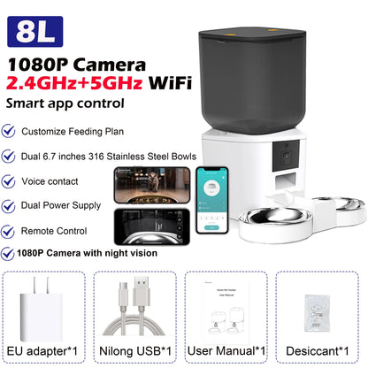 8L Smart Automatic Cat Feeders with 1080P HD Camera 5G Wifi Pet Feeder Tuya APP Control Automatic Cat Dog Food Dispenser